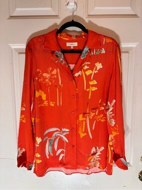 Lafayette 148 Rigby Blouse Bright Red Floral Button-Up Blouse Size M